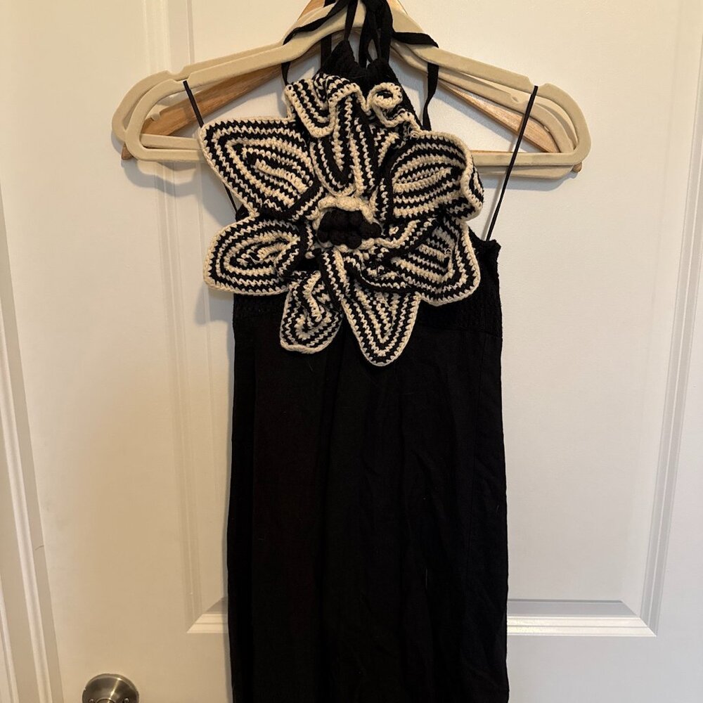 Zara Black Halter Mini Dress with Oversized Crochet Flower, Size S - Picture 1 of 1